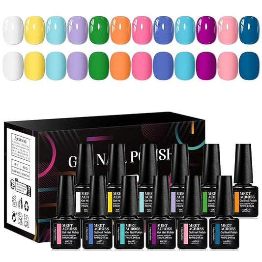 MEET ACROSS 12 Colors One Step Gel Polish, 3-in-1 Base Coat, Nail Color & Top Coat, One Step Gel Nail Polish Set Pink Purple Sky Blue Rainbow Colors Series 7ml