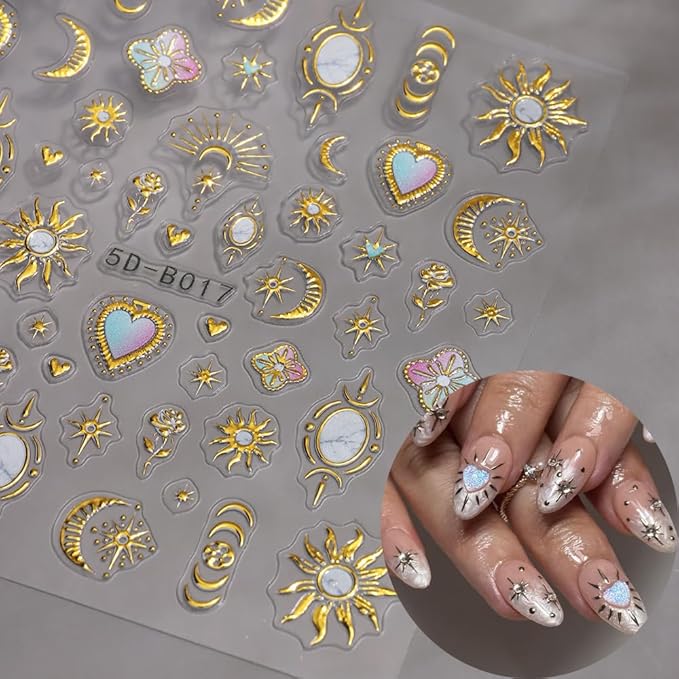 Stars Sun Moon Nail Art Stickers Decals 3D Self Adhesive Gold Stars Sun Moon Nail Stickers Nail Design Stickers Women Manicure Supplies DIY Sticker French Tips Nails Decals for Salon