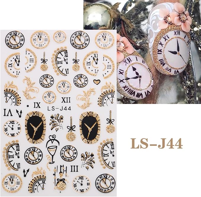 6PCS Clock Nail Art Stickers New Year Nail Decals 3D Self-Adhesive Gold Glitter Nail Stickers Clock Wine Glass Christmas Ball Fireworks Design Countdown Nails Supplies for Women Christmas Nails Decor