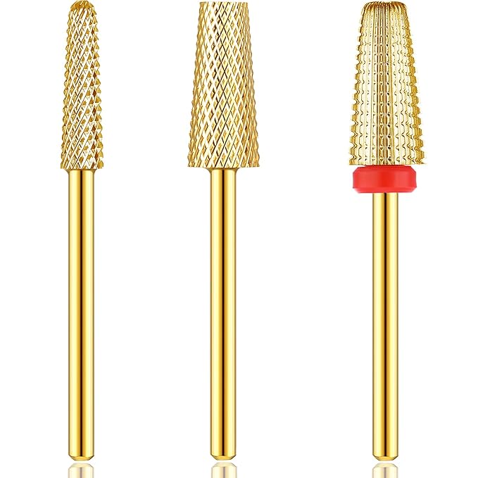 Outus 3 Pieces Nail Carbide 5 in 1 Tapered Barrel Carbide Nail Drill Bit Set, 3/32 Inches Cone Shape Bit for Acrylic or Gel Remover (Golden)