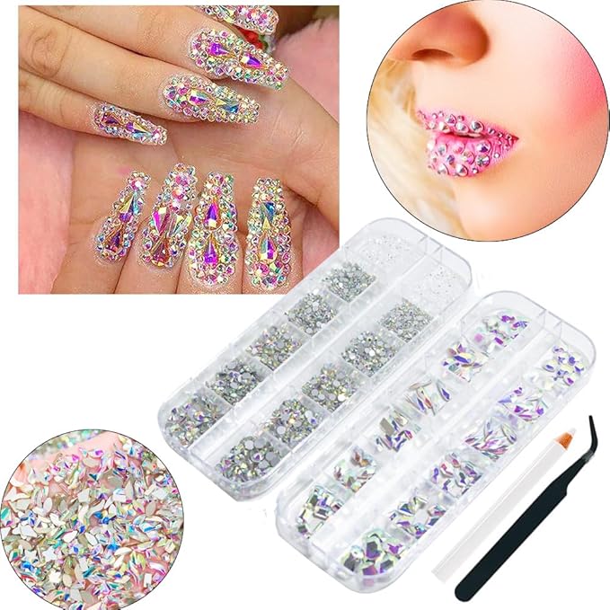 2680Pcs AB Nail Rhinestones, Big Colorful AB Nail Charms, Diamond Gems Stones with 2560Pcs AB Flatback Round Beads, Clear Acrylic Colored Glass Jewelry for Nails Faces Eyes Makeup Decoration
