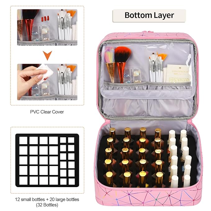 Ethereal Small Nail Polish Organizer Case Holds 32+ Bottles(15ml/0.5fl.oz) and Nail Lamp, Double Layer Nail Polish Storage Bag for Nail Kit, Manicure Tools, Diamond Pink