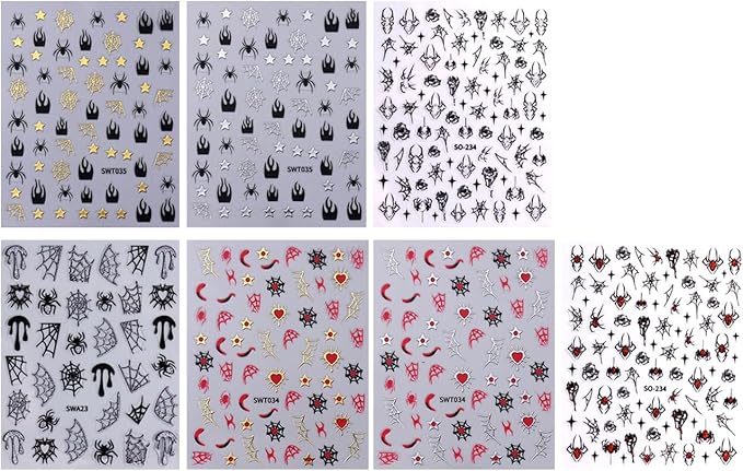 7 Sheets Halloween Nail Stickers 3D for Nail Art Glitter Heart Spider Web Flame Stars Punk Gothic Slider Manicure DIY Nail Art Decoration Accessories for Halloween Party
