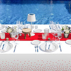 16Pack Disposable Plastic Tablecloths and Satin Table Runner Set White and Red - Image 6
