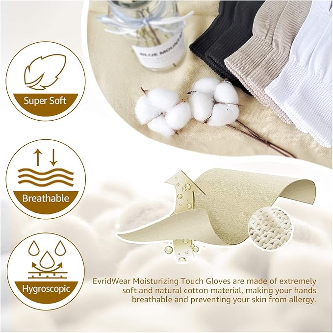 Evridwear Unisex Moisturizing Cotton Gloves with Touchscreen Fingertips for Eczema Beauty Cosmetic Dry Hands Sensitive Irritated Skin Therapy Overnight Bedtime, 6 Pairs, Lightweight-Beige, XS