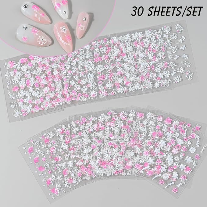 30 Sheets Flower Nail Stickers Floral Nail Art Stickers 3D Embossed Self Adhesive Nail Decals Rose Butterfly Star Heart Nails Design Nail Art Decals for Women Manicure DIY Decoration