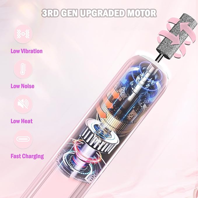 Professional Nail Drill Set, 2,0000 RPM Electric Nail File with 12 Grinding Head & 100Pcs Sanding Bands for Acrylic Gel Nails, Manicure and Polishing (Pink)