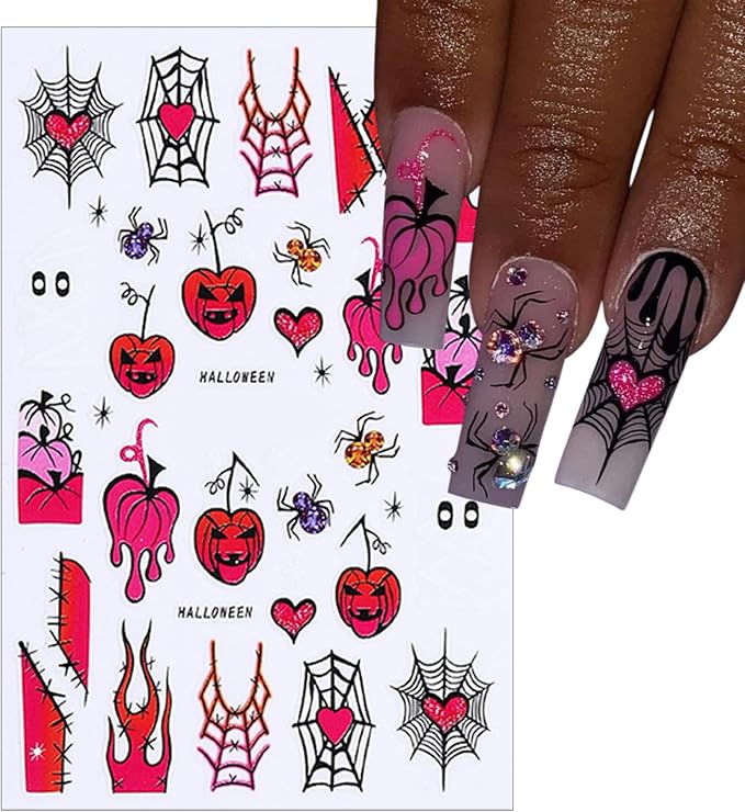 8 Sheets Halloween Nail Art Stickers 3D Self Adhesive French Pink Flame Nail Stickers Pink Pumpkin Heart Spider Web Green Ghost Eye Nail Decals for Women Girls Scary Halloween Manicure Decoration