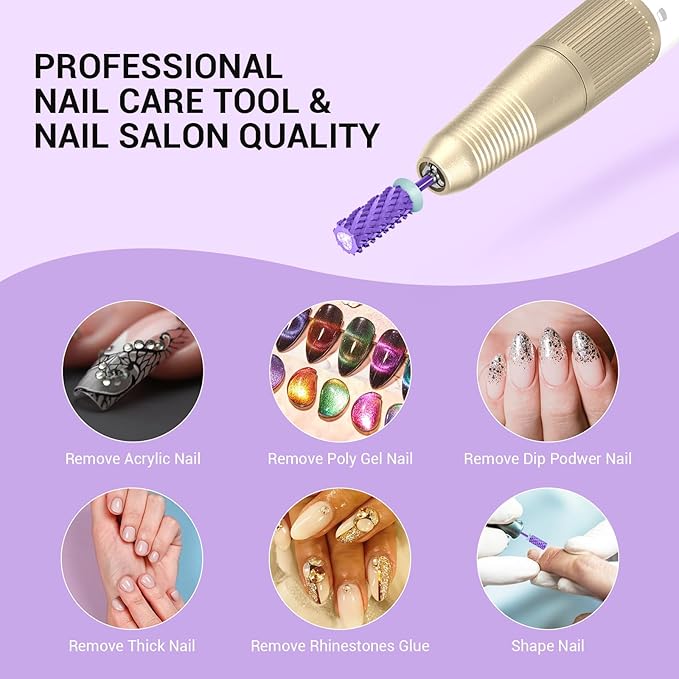 MelodySusie Large Barrel 3/32'' Tungsten Carbide Nail Drill Bit, Crystal Top Purple Heart Shape, Fast Remove Acrylic Gel, Cuticle Gel Polishing for Manicure Pedicure, Purple, Series Bit-S, 4XC