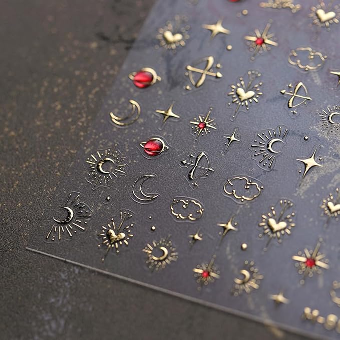 Star Moon Nail Art Stickers Golden 5D Embossed Jelly Nail Decals 1PCS Gold Bronzing Star Moon Planet Luxury Nails Design Self-Adhesive Manicure Slider Accessories for Women DIY Nail Art Decorations