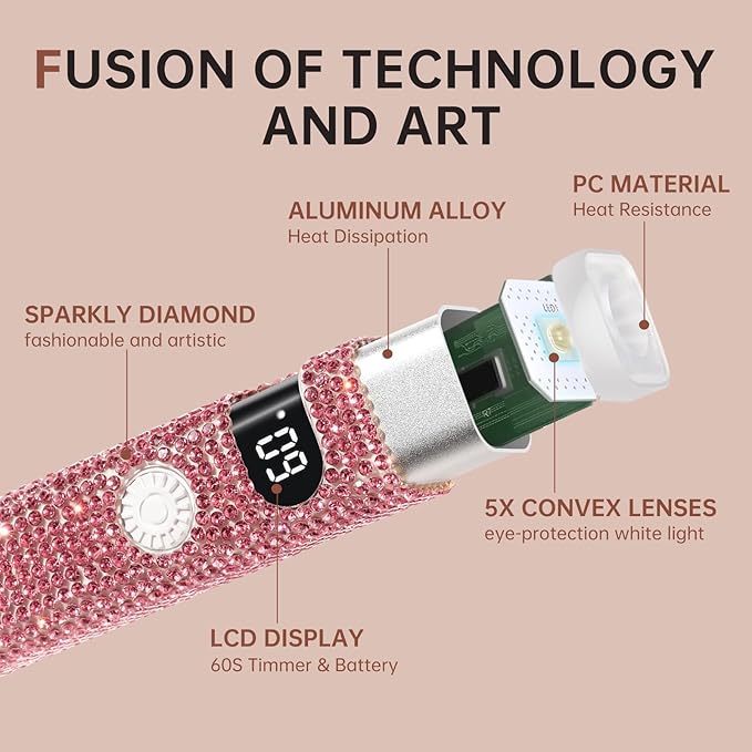 Handheld UV Light for Gel Nails,Mini LED Cordless Nail Lamp for Gel Nail Polish,Portable Flash Cure Lamp,Rechargeable USB Nail Dryer with LCD Display Fast Curing (Pink Diamond)