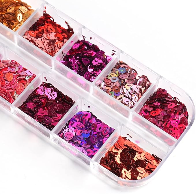 Lips Glitter Nail Art Sequins, 3D Sparkly Mouth Shaple Nail Flakes Designs, 12 Colors Sexy Lips Nail Glitters Supplies for Women Girls Manicure Powder Charms Decorations, DIY Shiny Nail Art Tips