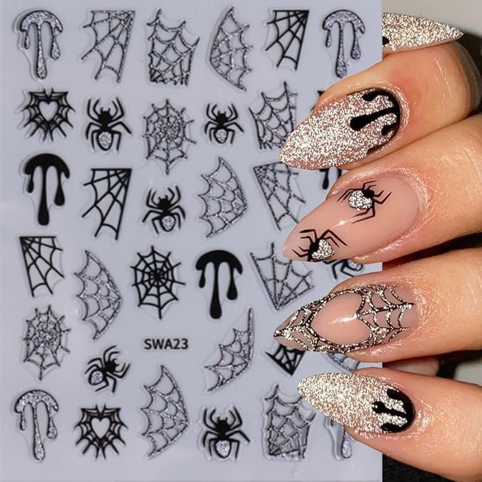 8 Sheets Halloween Nail Stickers Decals Gold Gloss Bat Nail Art Stickers Goth Nail Design Stickers Self-Adhesive Spider Web Spider Skeleton Nails Accessories for Women Nails Art Decorations Supplies