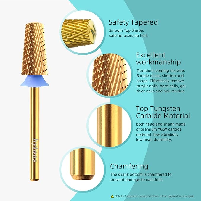 Safety Tapered Nail Drill Bits,Titanium Coating Rounded Barrel Carbide Nail Bit, 3/32 Two-way Rotate Drill Bits for Nails, Manicure Drills Files Accessories Remove Gel Tool, Medium