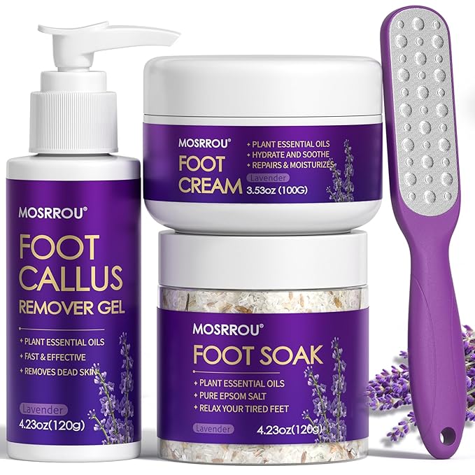 Pedicure Kit For Feet 4pcs Foot Spa Kit For Christmas Birthday Valentine's Women Men Gift Lavender Feet Care Kit for Dry Cracked Foot Soak Salt Foot Callus Remover Gel Foot File Foot Cream