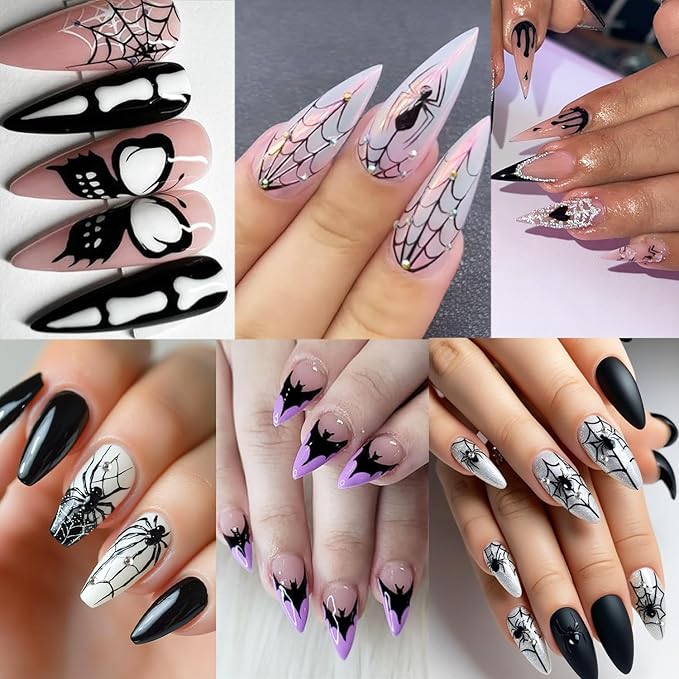 4 Sheets Halloween Nail Decals for Nail Art 3D Spider Web Nail Art Stickers with Diamond Designs Self-Adhesive French Tip Glitter Bat Nail Sticker Skeleton Butterfly Nail Decal for Women Nails Decor