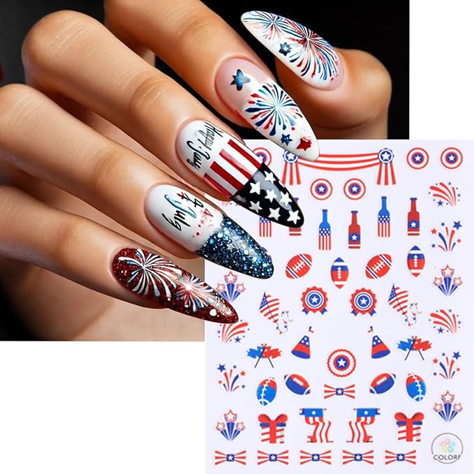 6 Sheets 4th of July Nail Art Stickers 3D Self Adhesive Independence Day Nail Stickers American Flag Patriotic Design Sticker Supplies Pegatinas Uñas Firework Nail Sticker for Women Acrylic Manicure