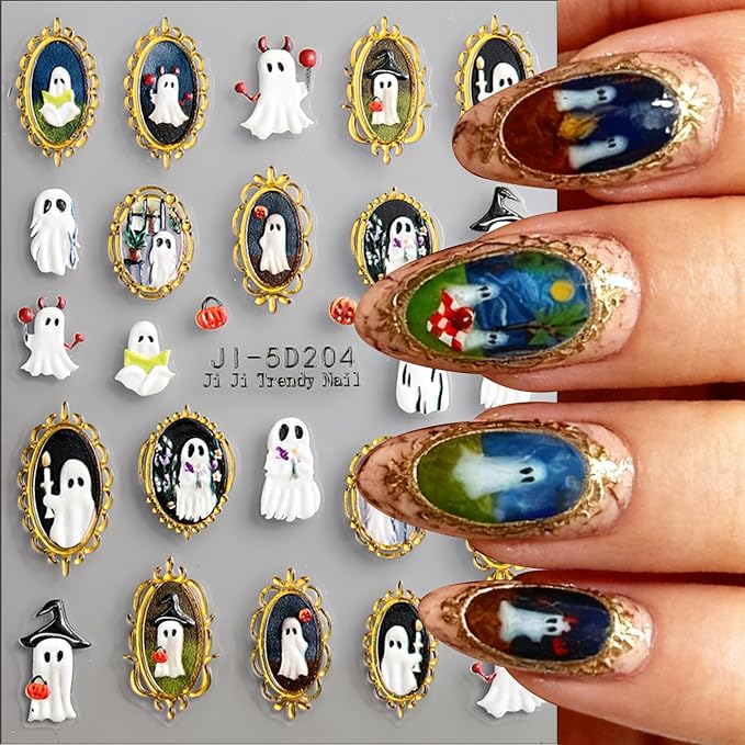 Halloween Nail Art Stickers, Retro Golden Frame Nail Decals 5d Embossed with Ghost Insect Spider Ladybug Butterfly Design 3Pcs Halloween Nail Art Supplies for Women Nail Decoration Nail Stickers
