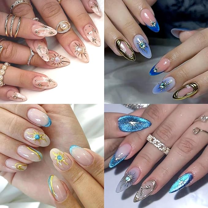 6 Sheets Retro Sun God Star Nail Art Stickers Decals Gold Silver Sun God Star Moon Nail Stickers Design Sparkling Heart Diamond Nail Decals for Women DIY Manicure Nail Decoration Supplies