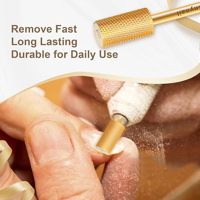 3/32" Large Barrel Flat Top Tungsten Carbide Nail Drill Bit Safety Bit for Gel & Acrylic Removal, 2-Way Rotating Efile Tip, Salon Electric File Accessory (F Grit, Gold)