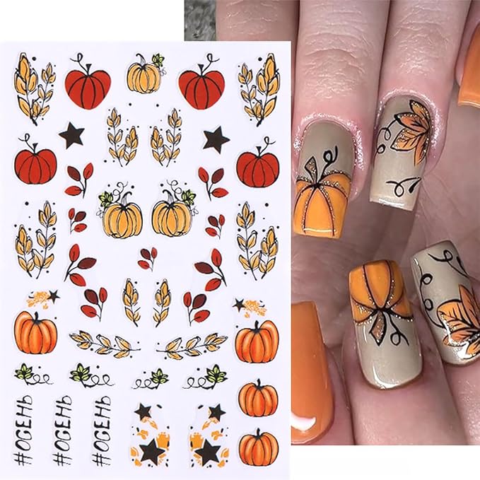 6 Sheets Fall Nail Stickers for Nail Art Pumpkin Maple Leaf Nail Decals 3D Self-Adhesive Thanksgiving Flower Leaves Design Nail Stickers Holiday Nail Art Supplies for Women Autumn Nail Art Decoration