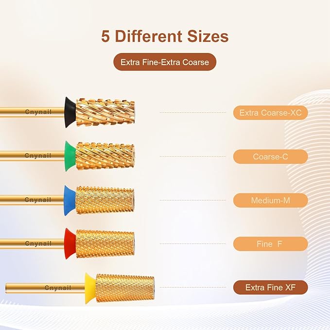 3/32" Large Tapered Barrel Flat Bit Tungsten Carbide Nail Drill Bit Safety Bit for Gel & Acrylic Removal, 2- Way Rotating Efile Tip, Salon Electric File Accessory (XF Girt, Gold)