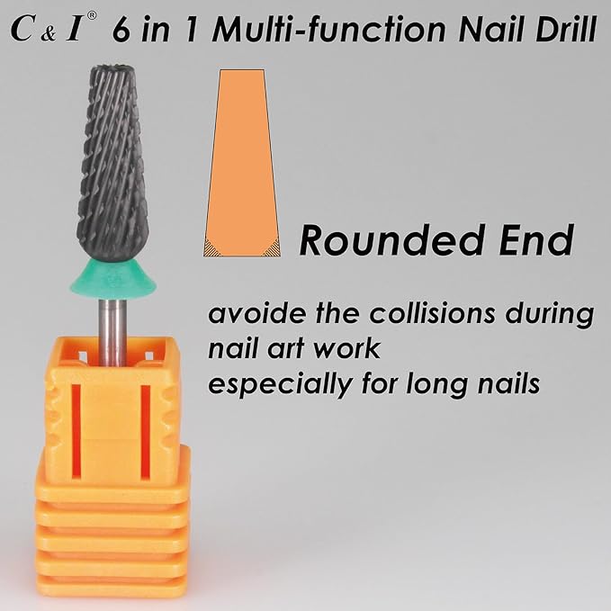C & I Nail Drill Bit 6 in 1 Multi-function Rounded End E-file, Diamond Coat, CNC Overall Cut Nail Tools for Nail Techs Quick Remove Acrylic Nail Gels & Nail Art (Special Coat, Coarse -C)