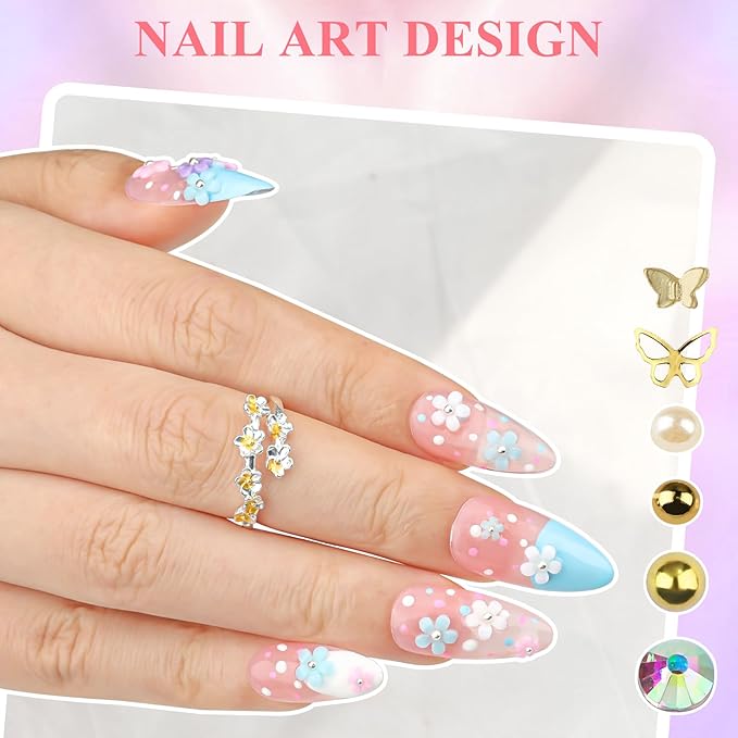 3 Boxes 3D Flower Nail Charms and Gems - Colorful Nail Flower & Metal Butterfly Charms Clear Rhinestones Gemstones Silver/Gold Caviar Beads White Pearls with Nail Chain for DIY Nails (13-S3-Mixed2)