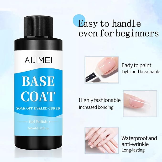 AIJIMEI 240ml Base Coat Quick Dry Gel BaseCoat for Nails Gel Nail Polish Base Coat for Home DIY LongLasting 8 Fl Oz