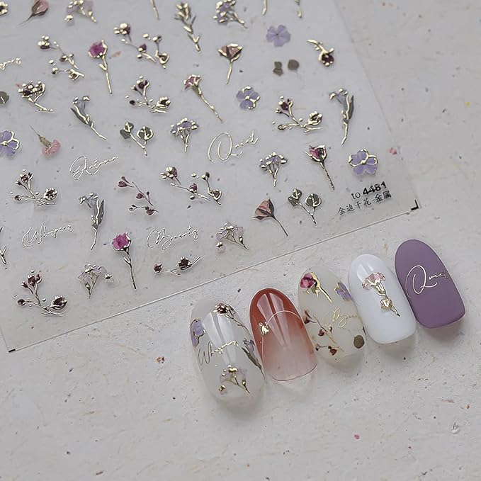 1 Sheet of Hot Stamping Flower Nail Decals, Colorful Dried Flower Nail Stickers, 5D Self-Adhesive Nail Design Stickers, Suitable for Women DIY Spring Summer Floral Nails Decoration Supplies