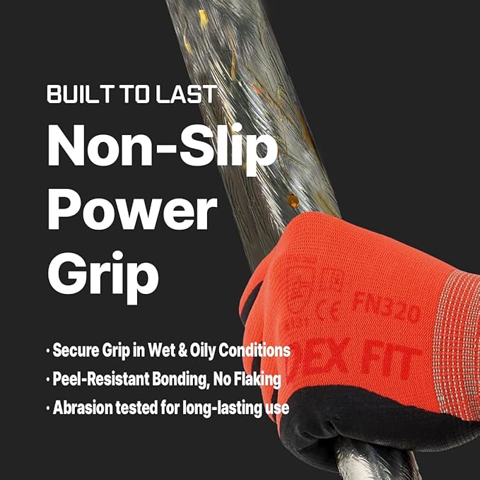 DEX FIT Nylon Work Gloves FN320, 3D Comfort Fit, Power Grip, Lightweight, Touchscreen for Men & Women, Breathable & Flexible for Yard Work DIY Mechanic Warehouse; Red 8 (M)