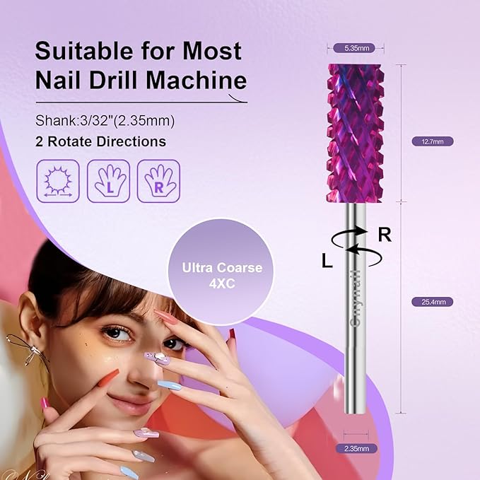 3/32" Small 5.35MM Barrel Bit Tungsten Carbide Nail Drill Bit Safety Bit for Gel & Acrylic Removal, 2- Way Rotating Efile Tip, Salon Electric File Accessory (4XC Girt, Purple)