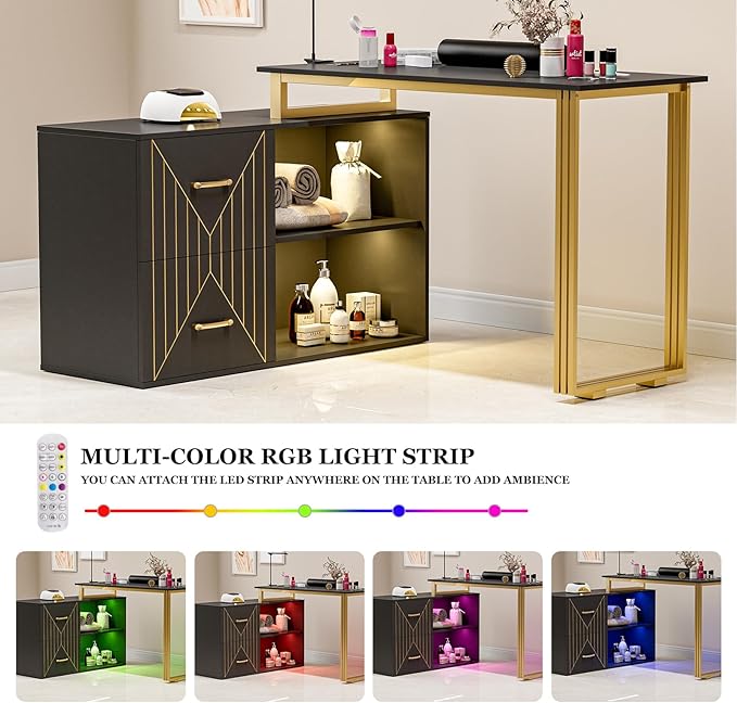 Paddie Manicure Table for Nail Tech with Wrist Cushion, Corner Nail Desk with 2 Drawers and 2 Shelves, Beauty Salon Nail Supplies Decor Station with 16 Colors LED Lights （Black）