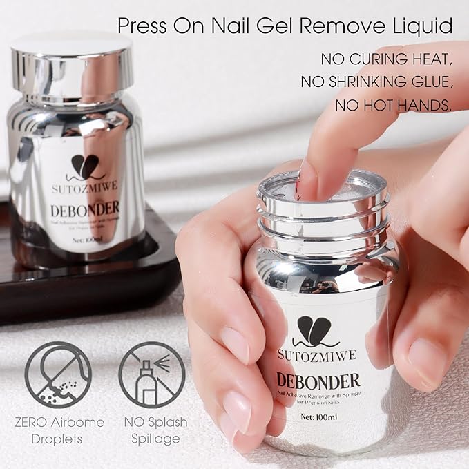 Nail Adhesive Debonder With Pink Heart-Shaped Sponges, Stick Press-on Nail Remover Kit, 100ml Gel Glue Remover False Nail Tips Soaking Solution Nails Reusable