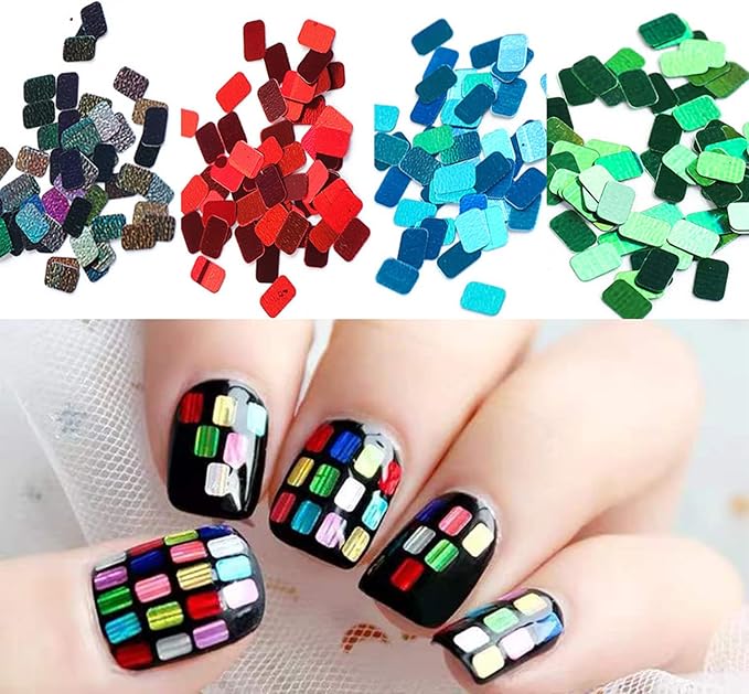 Laser Square Glitter Nail Art Sequins, Holographic 3D 12 Colors Glitter Flakes Design, Rectangle Shape Nail Shiny Supplies for Women Girls Manicure Powder Charms Decorations, DIY Resin Nail Art Tips