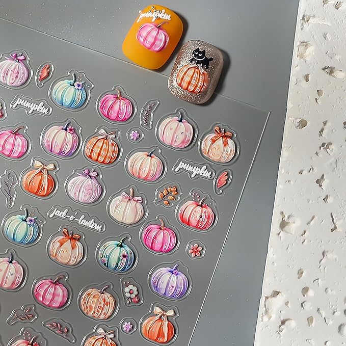 1 Sheets Fall Nail Decals for Nail Art 5D Self-Adhesive Embossed Pumpkin Nail Art Stickers Autumn Colorful Pumpkin Nail Stickers Thanksgiving Nail Design Sticker with Cute Small Flower for Women