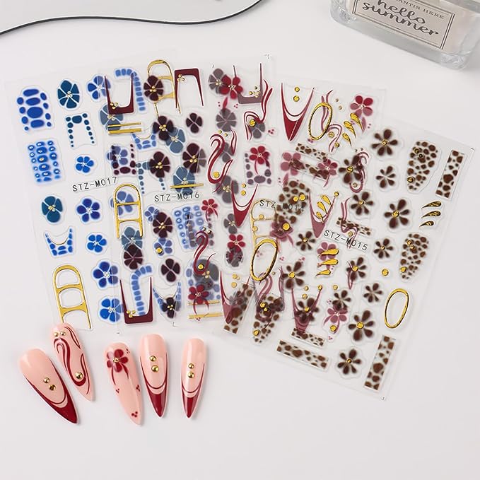4 Sheet Flower Nail Art Stickers Golden Gilding French Design Nail Stickers 3D Self-Adhesive Exquisite Line Nail Decals Leopard Print Nail Art Decals Fall Flower Nail Supply for Women DIY Manicure