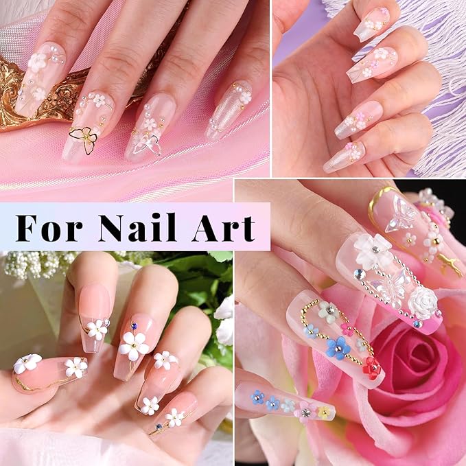 3D Flower Nail Charms and Gems, Cute Colorful Floral Charm Manicure Kit with Nail Rhinestone Glue Gel (UV Curing), Butterfly Caviar Beads Half Round Pearl & Flatback AB + Clear Crystal