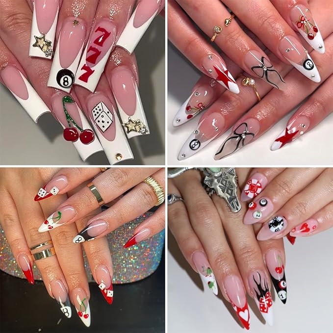 4 Sheets Pool & Dice Nail Art Stickers Decals, Cute Cartoon Style Dice Billiard Numbers Cherry Star Nail Art Design 5D Embossed Self-Adhesive Nail Decals Manicure Decorations for Women Girls