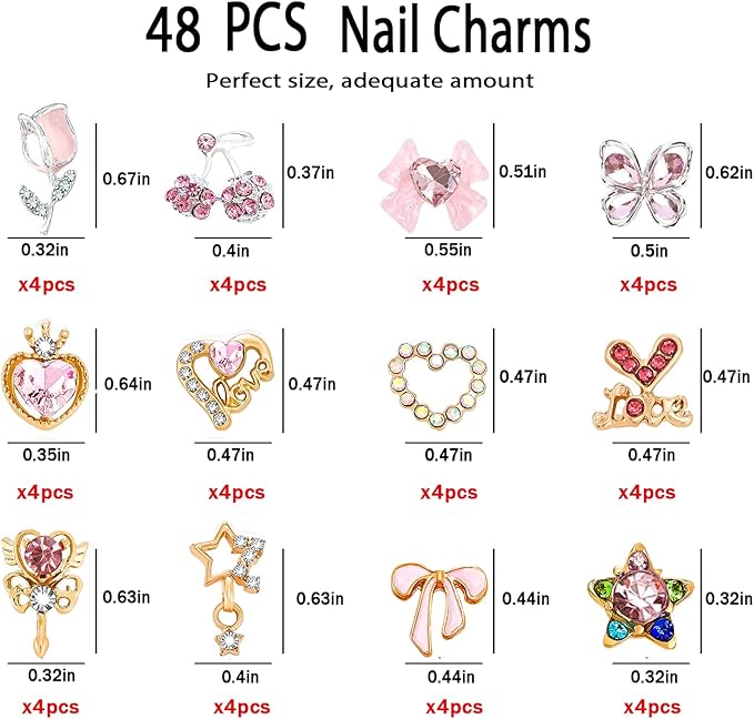 48PCS Nail Charms, Nail Rhinestones Kit with Nail Gems, 3D Nail Charms and Gems Charms for Nails, Nail Art Accessories Rhinestones