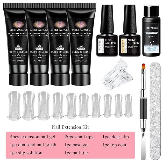 MEET ACROSS Poly Nail Gel 10Pcs Nail Extension Gel Set and Nail Extension Starter Kit for Beginners Nail Art DIY Home Gifts for Women (Glitter, 12pcs)