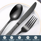 Skull Embossed Silverware Set for 8, OIULO 40-Piece Black Flatware set - Image 3