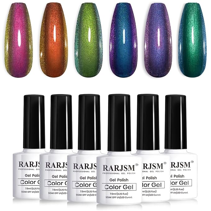 RARJSM Chameleon Gel Nail Polish Multichrome Gradient Color Changing Dark Blue Purple Orange Green 6pcs Set 7.5ml Shimmer Glitter Gel Polish Curing Requires Soak Off Sparkle Chrome Nail Gel Varnish
