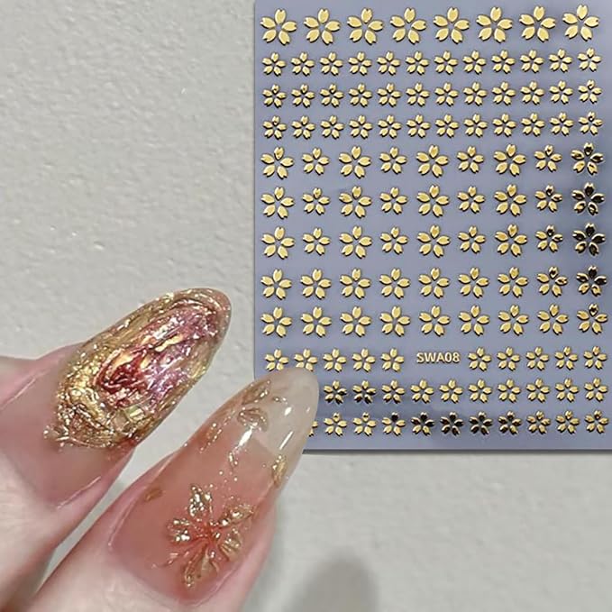 Flower Nail Art Stickers Decals 3D Self-Adhesive Laser Gold Sliver Cherry Bblossoms Flowers Nail Design Sticker Floral Spring Nail Art Supplies for Women and Girls Acrylic Nail Decoration 6 Sheets