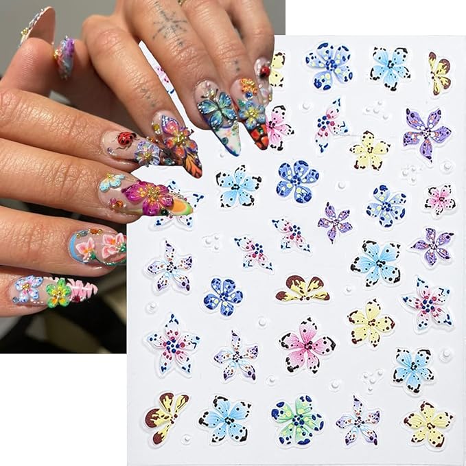 6 Sheets 5D Embossed Nail Art Stickers Colour Hibiscus Nail Decals Self-Adhesive Cute Floral Nail Decor Hawaiian Hibiscuss Flower Nail Design Stickers Summer Nails Supply for Women DIY Manicure