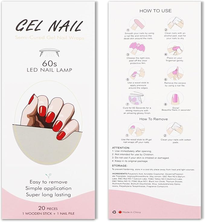 JMEOWIO Semi Cured Gel Nail Strips Bright Red Gel Nail Stickers Nails Art Design Decoration Accessories