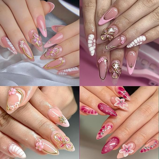 Flower Nail Stickers 5D Embossed Cherry Blossom Nail Decals Pink Floral Gold Star French Nails Art Stickers Cute Nails Supplies Spring Flower Manicure Decoration Accessories Charms for Women Girl 4Pcs