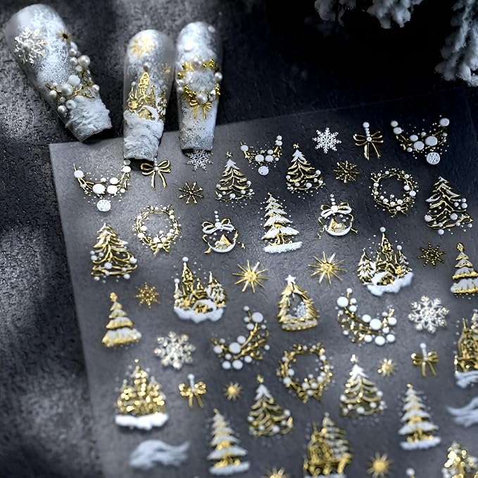 Christmas Nail Art Stickers 5D Embossed Xmas Tree Snowflake Nail Decals White Gold Christmas Nail Stickers for Nail Art Self Adhesive Nail Supplies Design for Women Girls