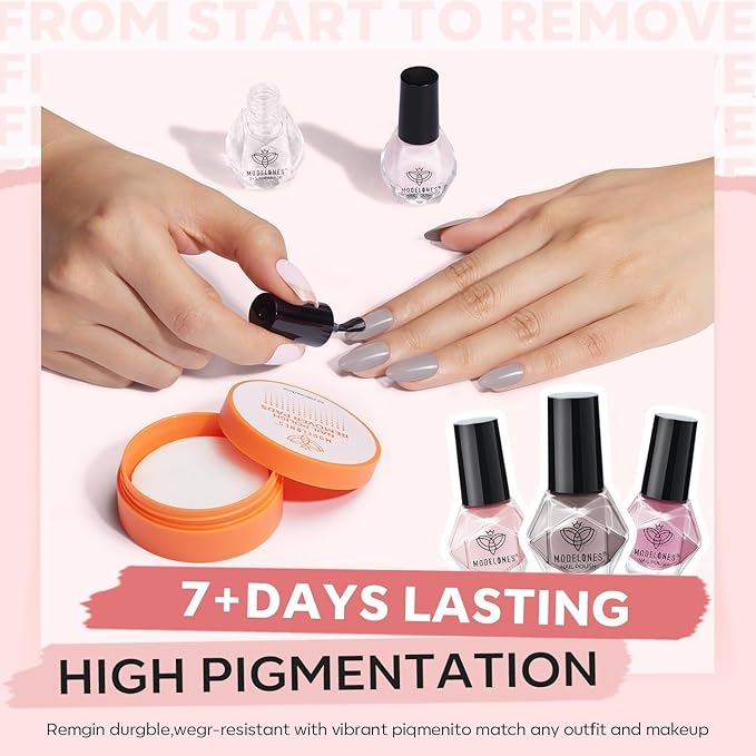 modelones Nail Polish Set with 42 Pcs Remover Pad with Top and Base Coat, 3 Colors Nude Grey Glazed Pearl Pink Iridescent Mini Quick Dry Nail Polish Kit DIY Home Salon Nail Art Gift for Women Girls