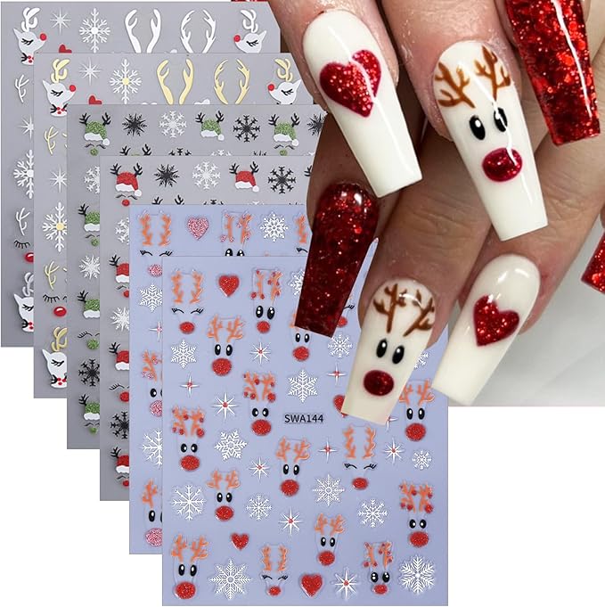 6 Sheets Cute Elk Nail Art Stickers for Nail Art 3D Christmas Nail Stickers Self-Adhesive Gold Silver Green Pink Red Glitter Elk Nails Decals Winter Snowflake Nails Decor for Women Acrylic Nails